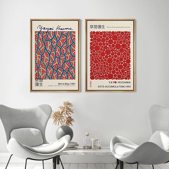 MUDECOR Framed Canvas Print Wall Art Blue Red Dots by Yayoi Kusama Japanese Nature Illustration Modern Art Decorative Multicolor Geometric Minimal for Bedroom - 24"x36"x2 Natural