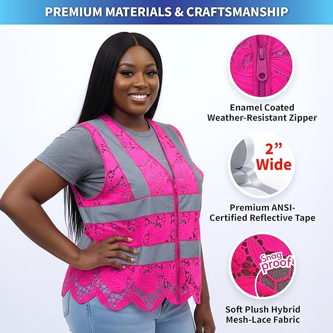 Lace-Mesh Safety Vest for Women & Men - Breathable, High Visibility Vest with Zipper & ANSI Class 2 Reflective Strips