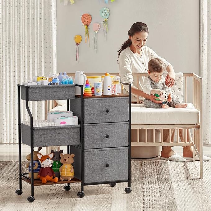 Baby Diaper Caddy Organizer Cart - 3 Tier Rolling Cart with Dividers and Drawers, Easy To Assemble, Mobile Utility Cart with Wheels for Nursery, Bedroom, Changing Table & Crib