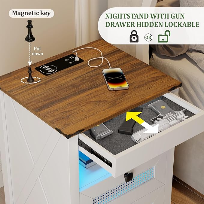 Nightstand with Gun Drawer, Rattan Bedside Table with Charging Station, LED End Table with Human Sensor Light, Gun Night Stand for Bedroom Living Room, Farmhouse Design, White