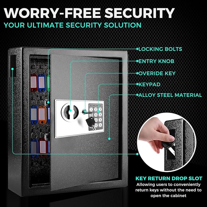 Flexzion Key Box Wall Mount With Code, Key Cabinet, Key Deposit Slot, 40 Key Holder Organizer Locker Case, Colored Key Tags Wall Mounted Lock Box For Keys Storage (Black)