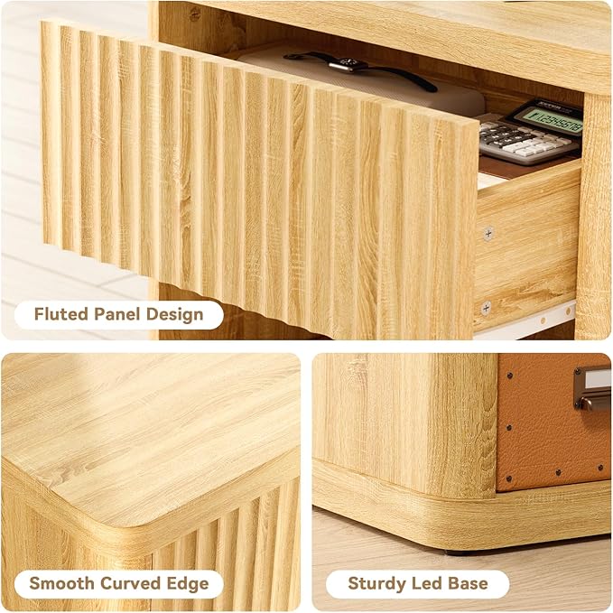 Fluted Night Stand Set 2, Large Wood Bedside Table Set of 2 Nightstands Set of 2 with Drawer and Storage Shelf for Bedroom, Small Spaces