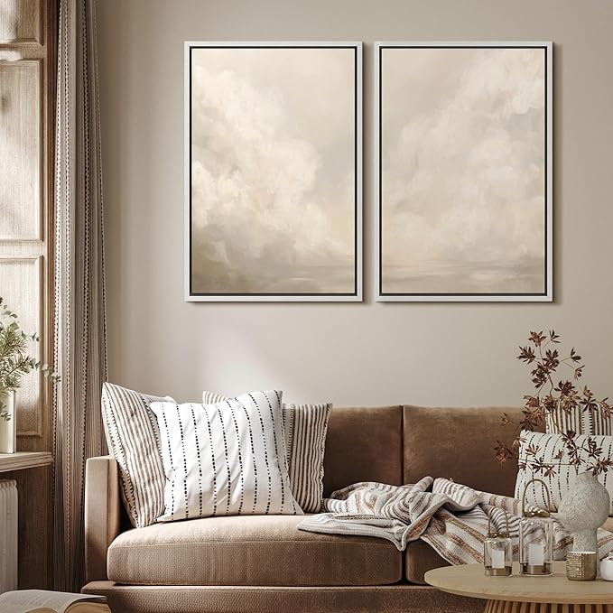 MUDECOR Framed Canvas Print Wall Art Neutral Cloudscape Soft Abstract Sky Illustrations Modern Art Decorative Bohemian Colorful Chic for Living Room, Bedroom, Office - 16"x24"x2 White