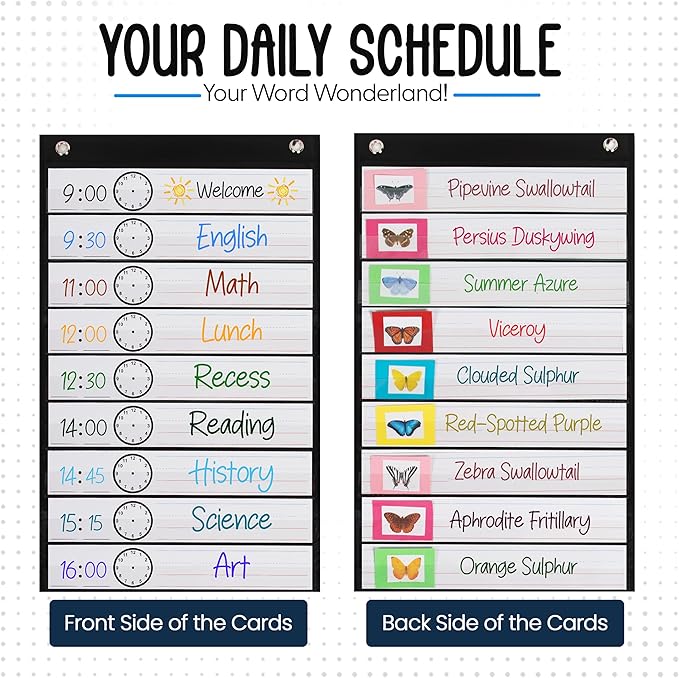 Essex Wares - 13 Pocket Daily Schedule Pocket Chart, Ultra-Durable Visual Schedule for Kids - Easy to Use, Reusable Daily Schedule for Kids - Reversible Chart for Sentence Strips