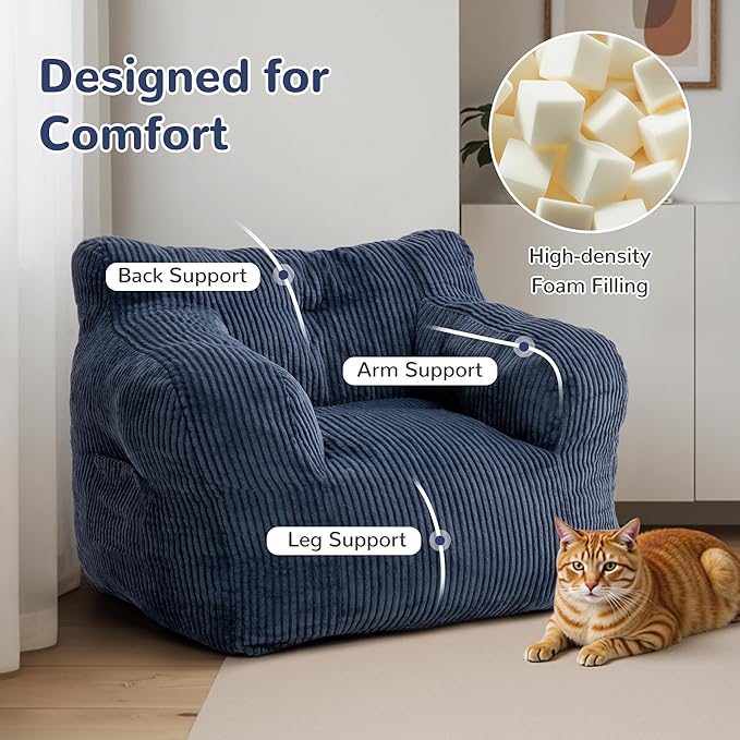 32" Bean Bag Chair,Loveseat Sofa,Corduroy Lazy Sofa Bed for Adults,Fit Living Room, Bedroom,Outdoor Spaces,Ultra Soft Dutch Velvet,Fluffy Comfort Washable Cover,72h Rebound,Blue
