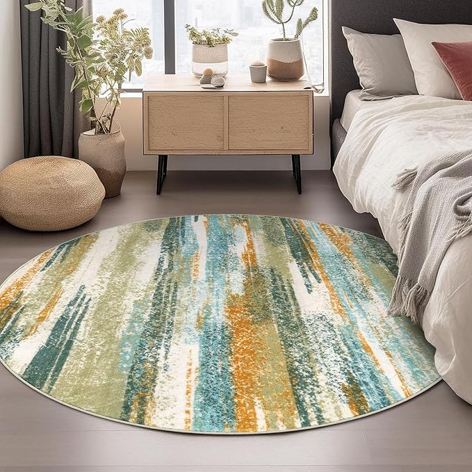 Modern Abstract Round Rug 6Ft, Green Mustard Multi Washable Non-Slip Circle Rug, Soft Circular Dining Room Rug Thin Print Faux Wool Carpet for Bedroom Living Room Office Playroom