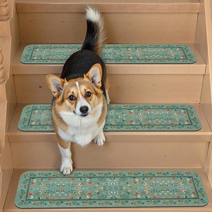 OJIA Floral Stair Treads Non-Slip Stair Runner for Wooden Steps Indoor 15PCS 30"x8" Carpet Stair Treads Stair Mats Staircase Step Treads for Kids, Elders and Dogs, Stair Covers, Green