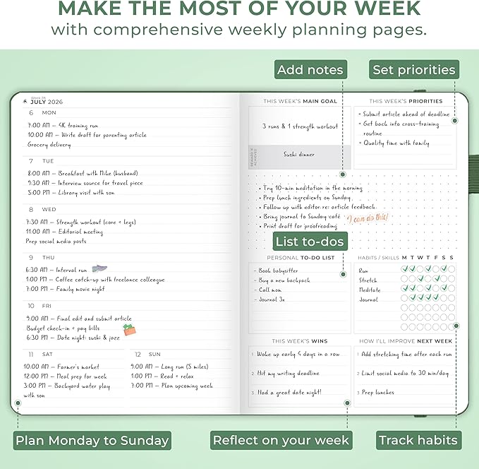 Clever Fox Dated Planner Premium 2026 – Weekly Agenda for Planning & Time Management –Notebook with Habit Tracker & To-do List (Forest Green)