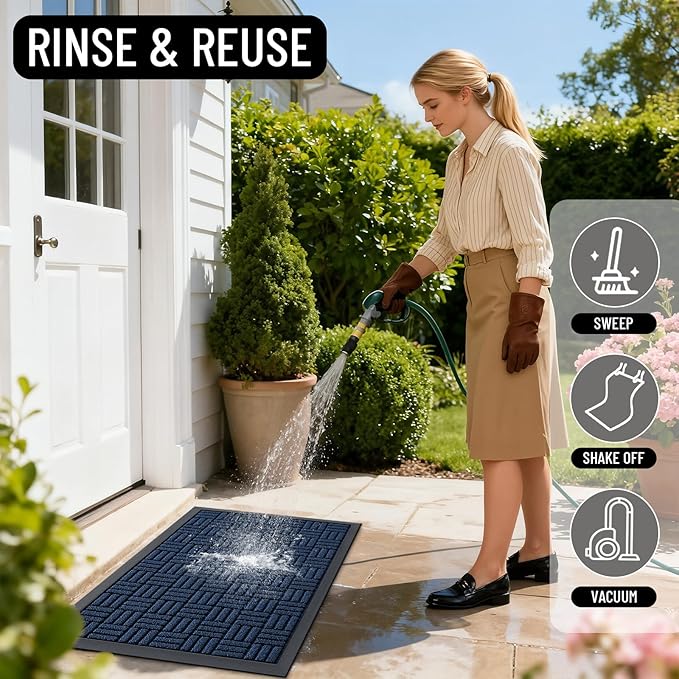 OLANLY Front Door Mat Outside Entrance 35x23, Absorbent, Heavy Duty Sturdy Natural Rubber Doormat Indoor Outdoor, Non-Slip, Stain and Fade Resistant, Low Profile Floor Mat for Entryway, Navy Blue