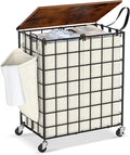 Laundry Basket with Wheels, Heavy Duty Laundry Sorter 2 Sections, Large Capacity Laundry Hamper with Wood Lid, 360 Rolling Wheels, Extra Side Pocket, Leather Pull Handle (Beige)