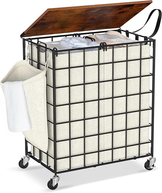 Laundry Basket with Wheels, Heavy Duty Laundry Sorter 2 Sections, Large Capacity Laundry Hamper with Wood Lid, 360 Rolling Wheels, Extra Side Pocket, Leather Pull Handle (Beige)