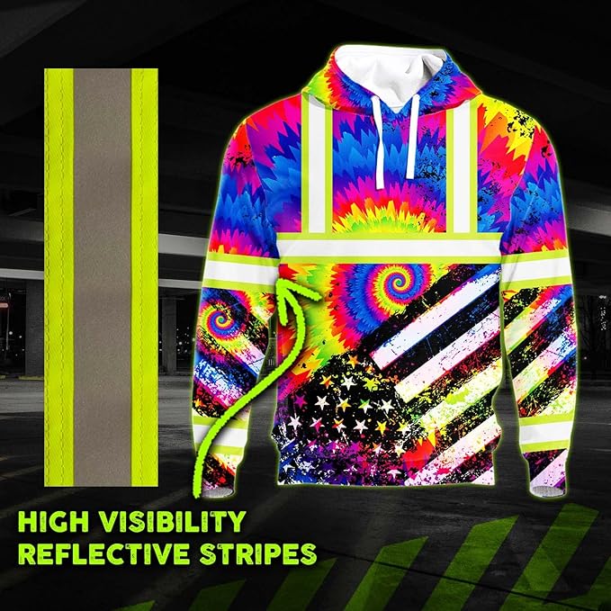 US Flag High Visibility Hoodie for Men Reflective Hoodie Safety Workwear for Worker Runner Patriotic ACC02