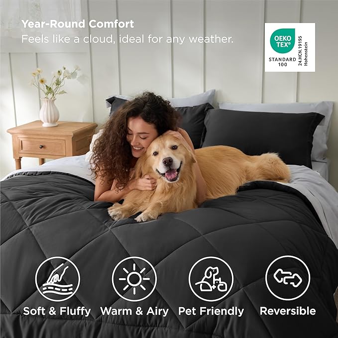 Bedsure Twin Comforter Set - 5 Pieces Reversible Charcoal Grey Bedding, Twin Size Bed Set for All Seasons, Bed in a Bag with Down Alternative Comforter, Sheets, Pillowcase & Sham