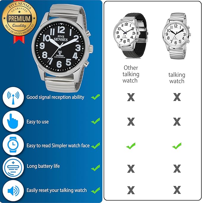 FIVE SENSES English Atomic Jumbo Size (43mm /1.75in) Metal Talking Watch with Loud Alarm Clock for Visually impaired, Elderly Person 1523 (Black)