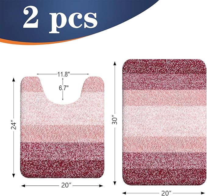 OLANLY Bathroom Rug Set 2 Piece, Soft Absorbent Microfiber Bath Mats and U-Shaped Contour Toilet Rug, Non-Slip, Machine Wash Dry, Plush Shaggy Bath Mats for Bathroom (30"x20"+24"x20", Red)
