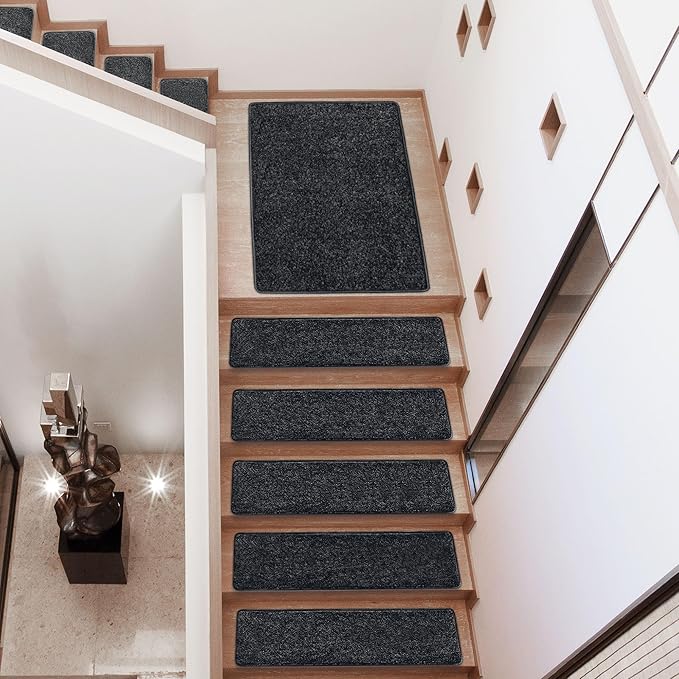 PURE ERA Carpet Stair Treads Tape Free Non Slip Indoor Stair Carpet Stair Protectors Pet-Friendly Non-Slip Skid Resistant Washable Reusable 8" x 30"(14 Pieces,Black)