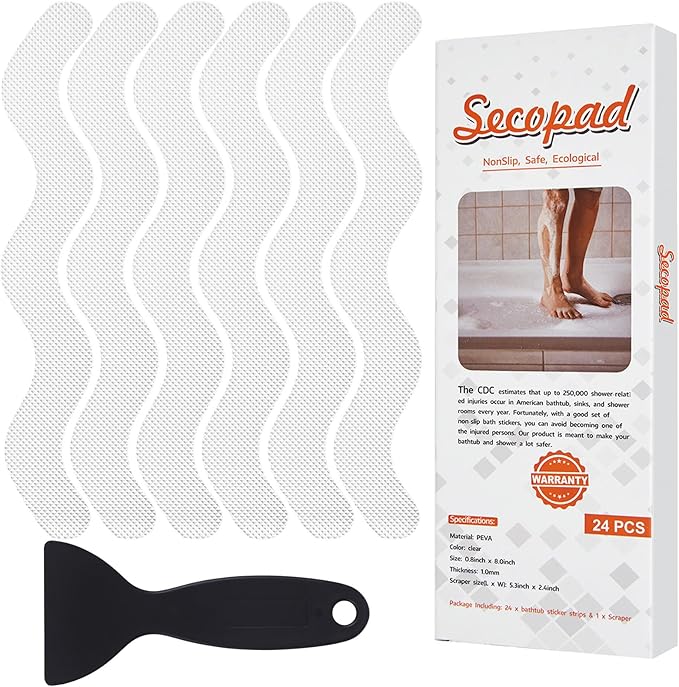 Anti Slip Shower Stickers, Adhesive Decals Safety Strips with Scraper for Bath Tub, Shower Floor, Stairs, 24 Pieces (Clear)