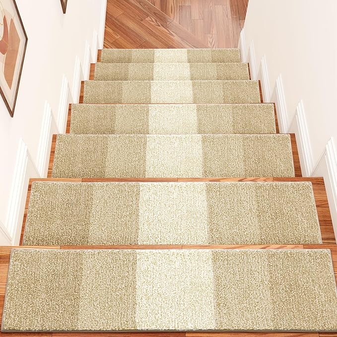 OLANLY Stair Treads Non Slip 15PCS, 8" x 30" Indoor Stair Runners for Wooden Steps, Edging Stair Rugs with Reusable Peel and Stick Adhesive for Kids Elders and Pets, Beige