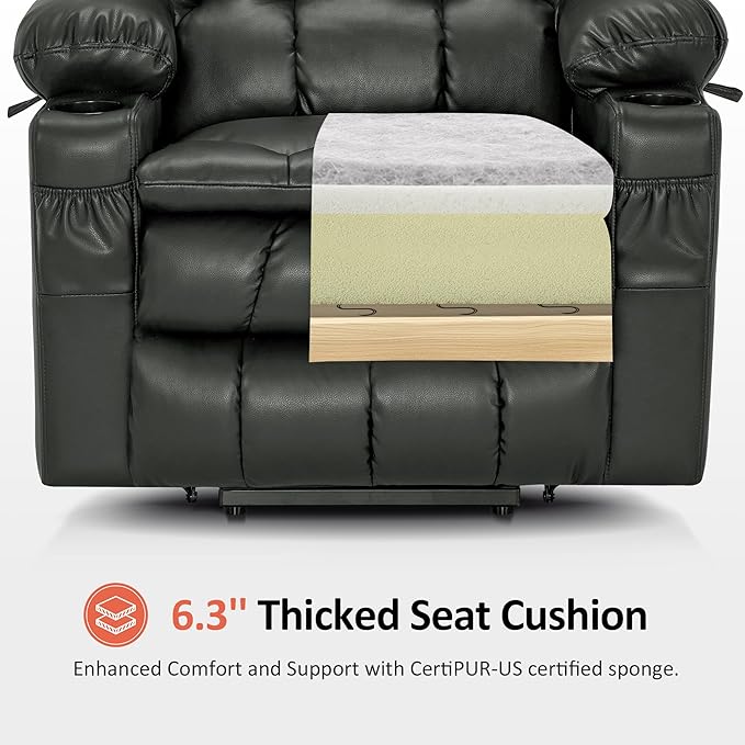 MCombo Dual Motor Large Power Lift Recliner Chair for Elderly, Lay Flat Lift Chair with Heat and Massage, Big Lift Recliner for Tall People, Faux Leather 7896 (Grey, Large)