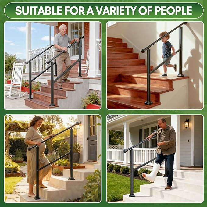 2-Step Outdoor Stair Handrail Kit, Heavy Duty Aluminum Alloy Adjustable Height with Powder Coated Black Metal Finish Complete Installation Hardware & Tools Included for Concrete Porch Deck Brick