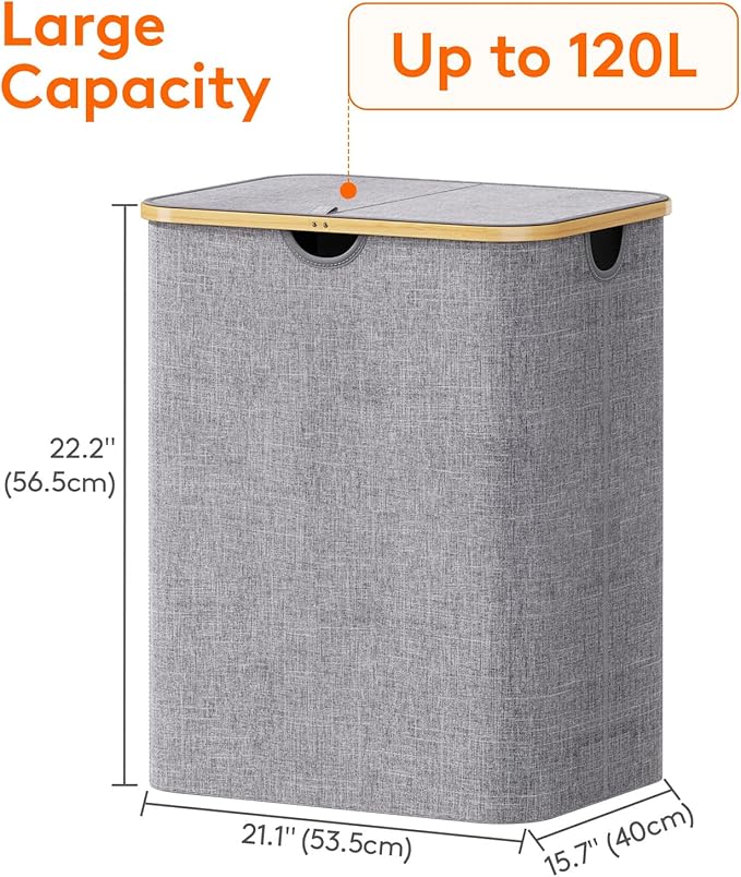 Lifewit 120L Laundry Basket with Lid, Clothes Hampers for Laundry with Bamboo Handles and A Removable Laundry Bag, Large Foldable Laundry Hamper for Bedroom, Bathroom, Dorm, Laundry Room, Light Gray
