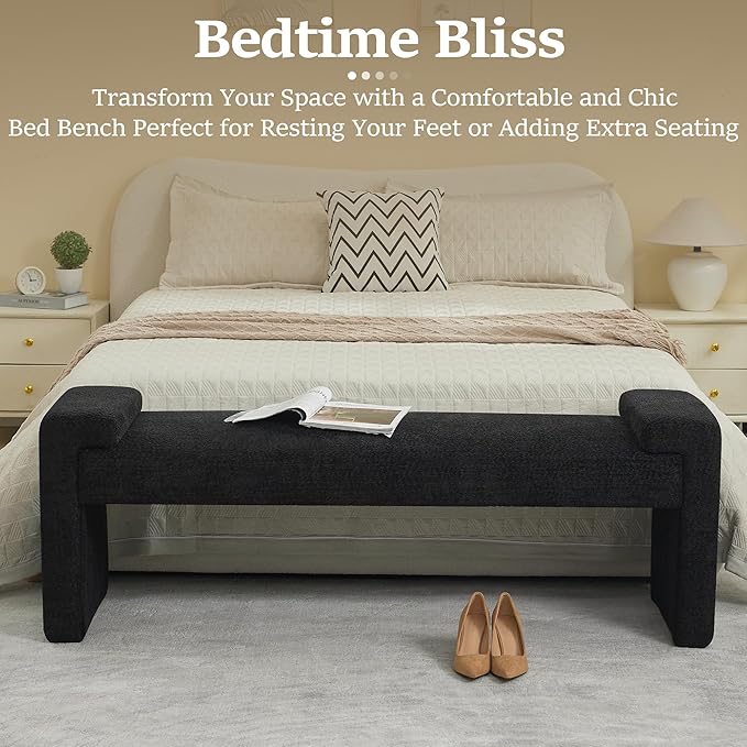 58.7" End of Bed Upholstered Bench Modern Bedroom Bench for Living Room & Entryway, Easy Assembly, Footrest Ottoman Accent Window Bench with Solid Wood Frame & Curved Arm, Black