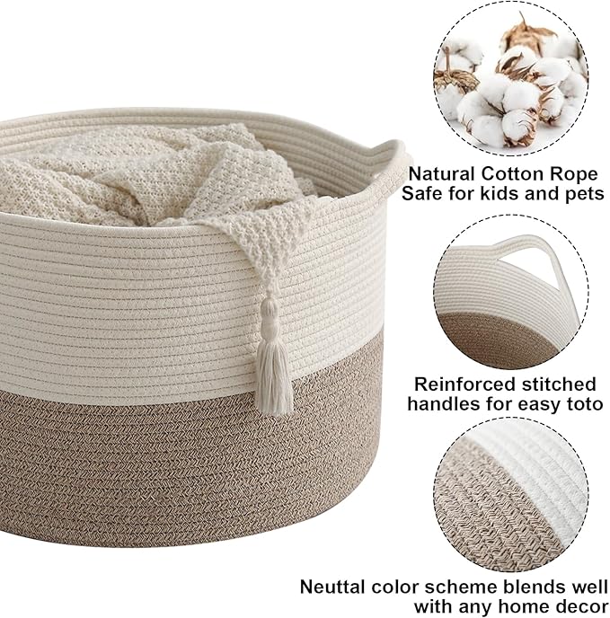 Large Storage Basket with Handle,19.7" L x 19.7" W x 13" H Blanket Basket Storage Bins for Organizing,65L Cotton Rope Woven Baskets for Living Room, Nursery ,Bedroom,White&Brown