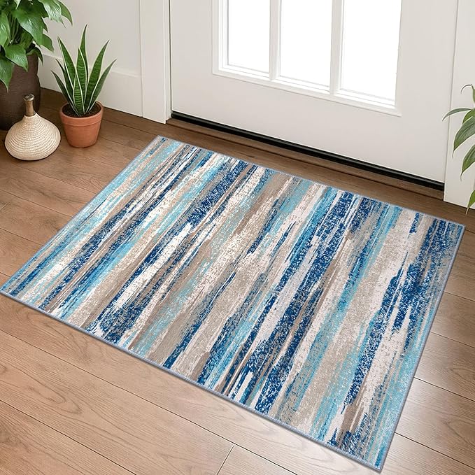 Small Abstract Area Rug, Entryway Rug Washable Door Mat Indoor Entrance, 2x3 Washable Rug Non-Slip, Soft Blue Kitchen Rugs Thin Print Faux Wool Floor Carpet Throw Rugs for Foyer Front Door Sink