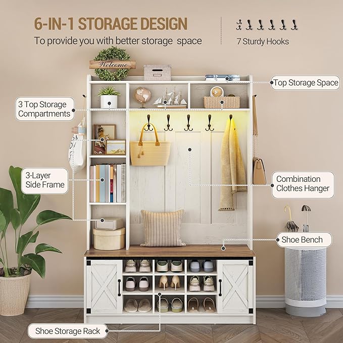 47.2" Hall Tree, LED Farmhouse Entryway Storage and Coat Rack Wood, Entryway Furniture with 7 Hooks, Hall Tree with Bench and Storage, 6 Storages Partitions Shoe Bench, Rustic White HT24614X
