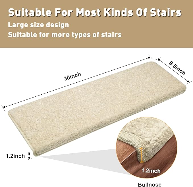 PURE ERA Bullnose Carpet Stair Treads Set Tape Free Non-Slip Indoor Stair Protectors Pet Friendly Rugs Covers Soft Skid Resistant Washable Reusable 9.5" x 30" (14 Pieces, Light Beige)