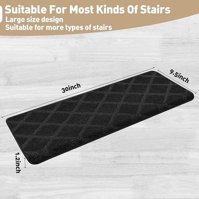 PURE ERA Bullnose Carpet Stair Treads Tape Free Non-Slip Indoor Stair Protectors Pet Friendly Stair Treads for Wooden Steps 9.5" x 30"(2 Pieces,Black Diamond Trellis)