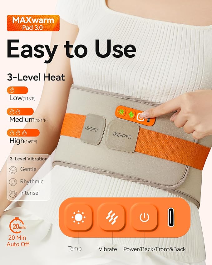 Portable Heating Pad for Back, Cordless Wearable Heat Belt with Massager for Lower Back Pain Relief, Battery Powered 8000 mAh Rechargeable, MAXwarm® 3.0, Gift for Women Men 90-310 lbs