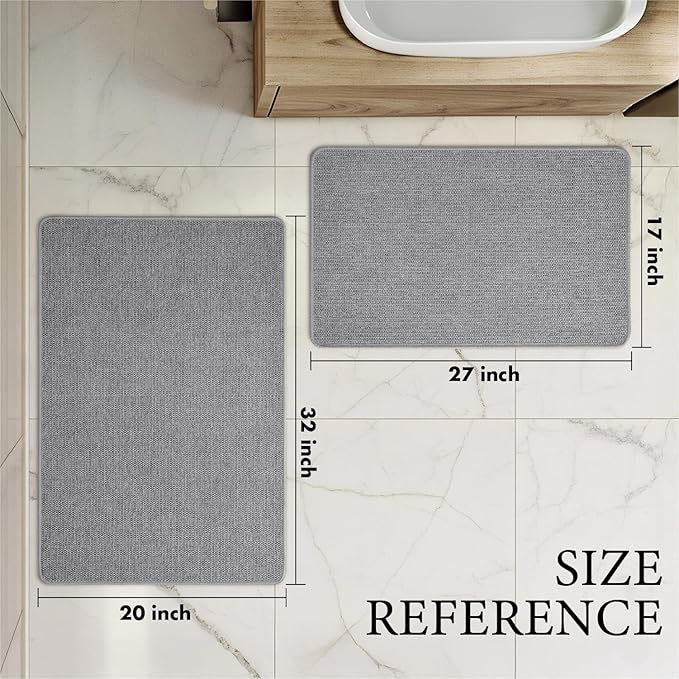 MIULEE Set of 2 Ultra Thin Bathroom Rugs, Rubber Bath Mats for Bathroom Non Slip, Quick Dry Absorbent Bath Rug Machine Washable, Fit Under Door, Shower, Sink, Home Decor, Grey, 17"x27"+20"x32"