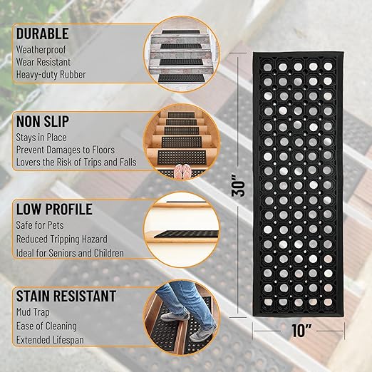 Ottomanson All-Weather Rubber Stair Treads – Non-Slip Step Mats for Wooden, Concrete, or Outdoor Stairs, Easy Maintenance, Tool-Free Placement, Pack of 5, 10" x 30", Black Circles