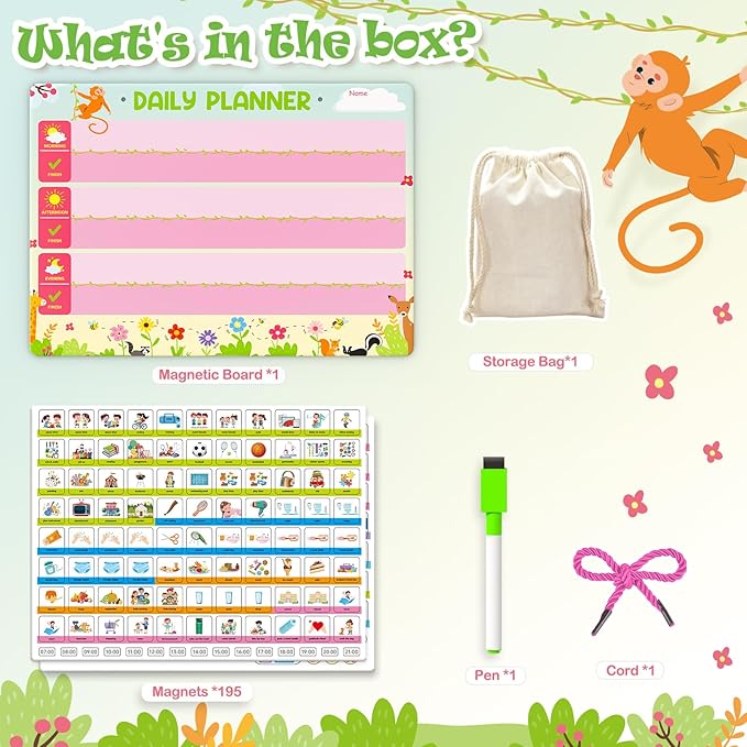 Daily Planner for Kids - Magnetic Behavior Board Calendar with 195 Magnets, Storage Bag, Cord & Pen - Daily Routine and Chore Chart - Visual Schedule for Kids 3+ Year Old (Animal Theme)