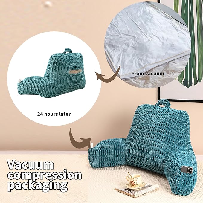 Reading Pillow for Sitting in Bed, Large Backrest Reading Pillow with Arm Rest,Back-Rest Support Cushion for Sit Up on Couch, Sofa, and Floor, Dorm Essentials (Dark Green Corduroy, Large(19"))