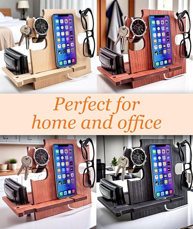 GRETAOTO Personalized Wood Phone Docking Station Gift for Men Bedside Nightstand Charging Station Organizer Mens Accessories Phone Stand Anniversary Birthday Gifts for Dad Him Husband