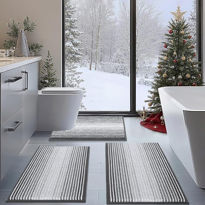 BSICPRO Bathroom Rugs Sets 3 Piece, Toilet Rugs U-Shaped Contour Bath Mat Set, Striped Absorbent Non Slip Chenille Shower Mat, Gray