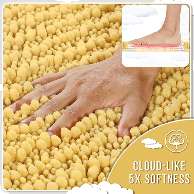 Yimobra Bathroom Rugs Non Slip Washable - Ultra Soft Absorbent Chenille Bath Mat, Quick Dry Shaggy Floor Carpet for Tub Shower, Yellow Home Decor Accessories, 24x17 Inch
