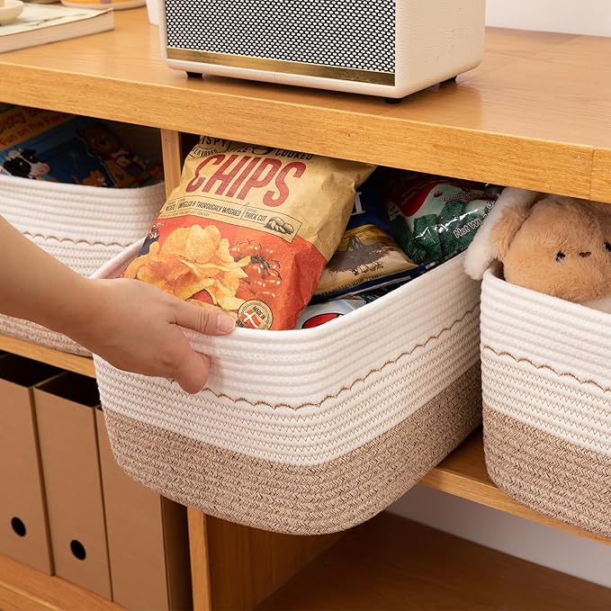 4 Pack Storage Baskets for Organizing, 15.75''x11.8''x7.87'', Decorative Cotton Rope Baskets with Wave-Patterned Embroidery, Small Woven Basket for Toys, Books and Towels, Brown&White
