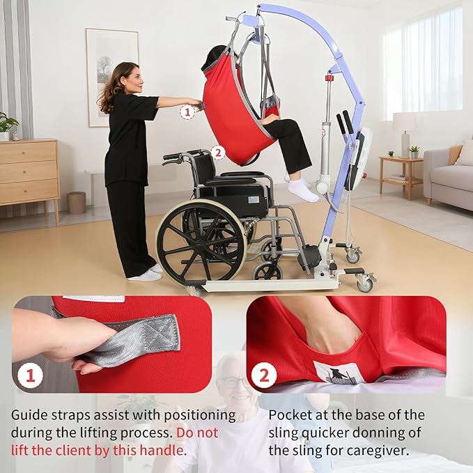 Patient Lift Divided Leg Sling – Heavy Duty 500 lbs Capacity, Easy Hygiene Access with Handles & Pocket, Machine Washable – Small/Medium/Large for Elderly, Disabled & Bariatric Care (Red, M)