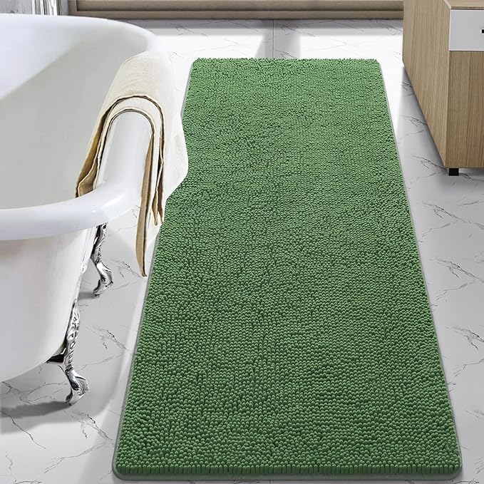 LOCHAS Luxury Bathroom Rug Shaggy Bath Mat 24 x 60 Inch, Washable Non Slip Bath Rugs for Bathroom Shower, Soft Plush Chenille Absorbent Carpets Mats, Green