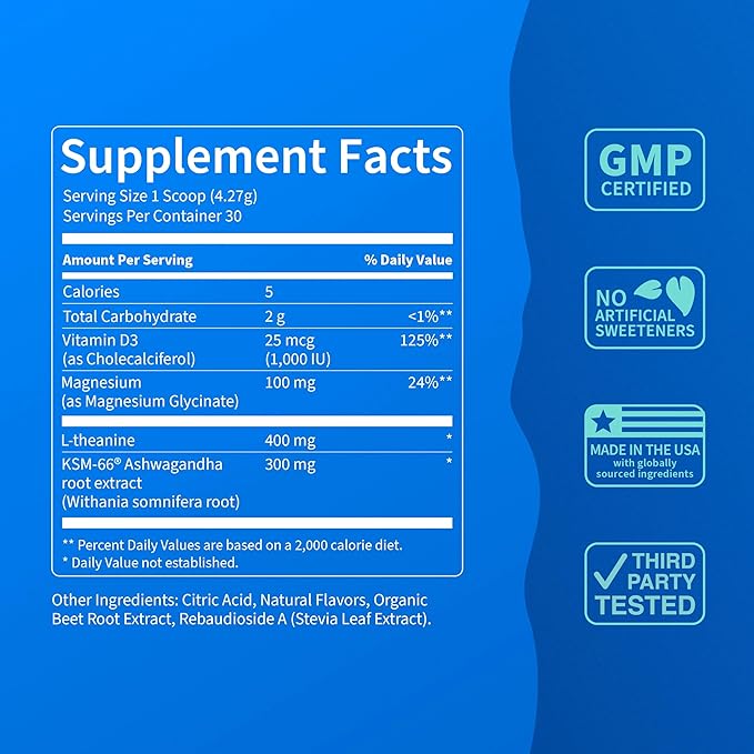 Nello Supercalm Powdered Drink Mix Tub, Cortisol Reducer*, Sleep Aid Supplement, L Theanine, Ksm-66 Ashwagandha, Magnesium Glycinate, Vitamin D 3, No Sugar, Non GMO, 30 Ct, Raspberry Lemonade