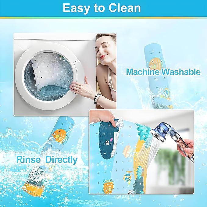 Bathtub Mat Non Slip Shower Mat for Kids, Extra Long 40"x16", Machine Washable Bathmat with Drain Holes, Suction Cups for Bathroom Floor, Cartoon Shark Bath Tub Mat for Students,Toddler,Pets