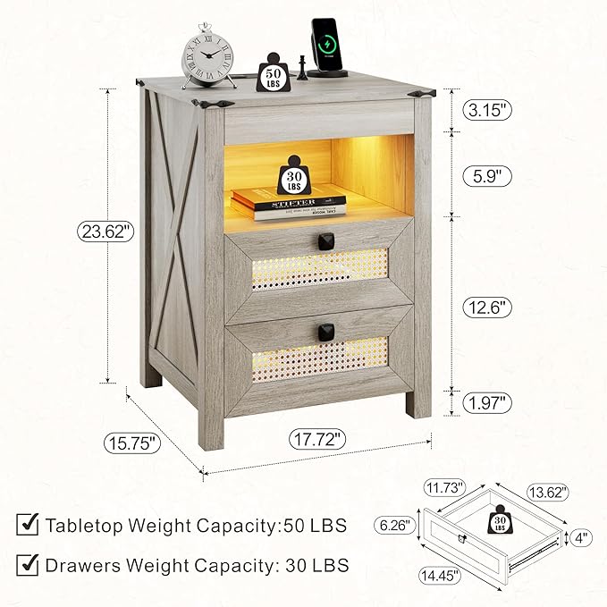 Night Stand with Gun Drawer, Bedside Table with Charging Station & LED Light, Gun Nightstand for Bedroom Living Room, Rustic Grey