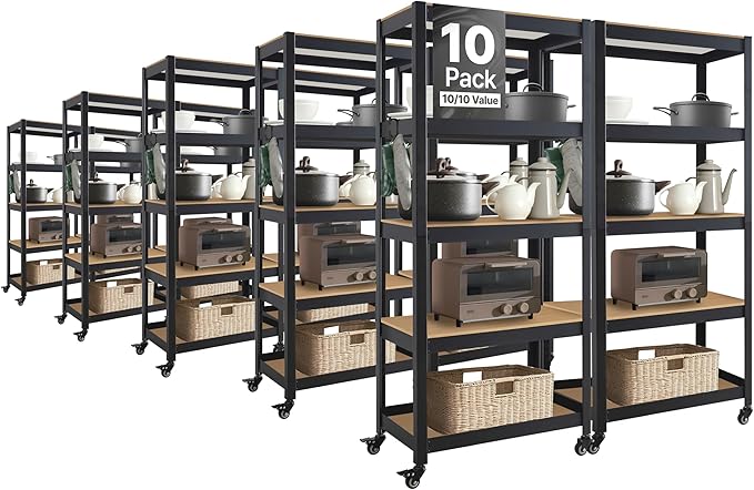 HOMEDANT House 5-Tier Metal Rolling Cart Shelf Rack Casters Heavy Duty Laminated Wheel Shelving Unit Adjustable Utility Storage Shelves Organizer Shelf Kitchen Garage (10, (S) 24.4" W, Black)