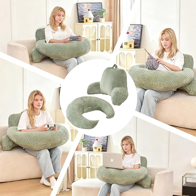 Reading Pillow for Bed,U Shaped & Back Support Pillow for Bed,19" Backrest with Lumbar & Arm Support,Comfy Flannel Fabric,Lap Pillow for Gaming/Reading/Watching TV,Green