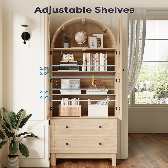 71" Tall Arched Kitchen Pantry, Kitchens Pantry Storage Cabinet with 2 Large Drawers and Adjustable Shelves, Modern Farmhouse Versatile Cupboard for Kitchen, Dining Room, Bathroom, Natrual