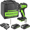Greenworks 24V Brushless 1/4" Cordless Impact Driver, (2) 2.0Ah Batteries, Compact Charger, and Bag Included
