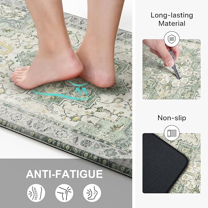 GENIMO Kitchen Mats for Floor 2PCs, Washable Anti Fatigue Mat for Cushioned, 17.3"x59"+17.3"x30", Waterproof Kitchen Rugs, Non Slip Comfort Standing Mat Rug for Home, Sink, Laundry, Light Green